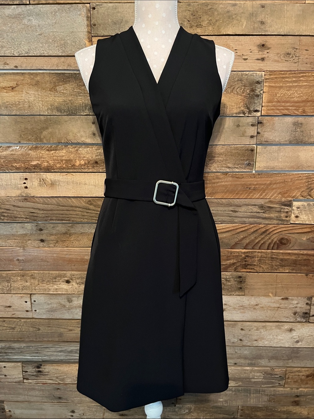 Sleeveless Black Wrap Midi Dress with Matching Belt